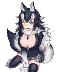 Rule 34 | 10s, 1girl, animal ears, between breasts, black thighhighs, blue eyes, breasts, cleavage, fur collar, grey wolf (kemono friends), heterochromia, highres, kemono friends, large breasts, looking at viewer, multicolored hair, necktie, necktie between breasts, open mouth, pleated skirt, simple background, sitting, skirt, solo, tail, thighhighs, two-tone hair, ultracat, white background, wolf ears, wolf tail, yellow eyes