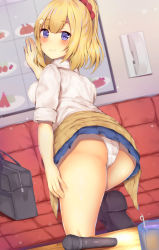 Rule 34 | 1girl, against wall, arm up, ass, astoria (azur lane), astoria (pure &quot;gurl?&quot;) (azur lane), azur lane, bag, black footwear, blonde hair, blue skirt, blurry, blurry background, blush, breasts, cardigan, cardigan around waist, closed mouth, clothes around waist, collared shirt, commentary request, couch, cup, depth of field, drinking glass, dutch angle, fingernails, hair ornament, high ponytail, highres, houraku, long hair, looking at viewer, looking back, medium breasts, microphone, panties, phone, pleated skirt, ponytail, purple eyes, school bag, shirt, shoe soles, short sleeves, skirt, smile, solo, sweater, sweater around waist, underwear, white panties, white shirt