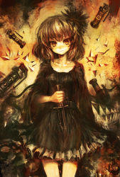 Rule 34 | 1girl, belt, black dress, brown eyes, brown hair, combat knife, dagger, dress, frilled dress, frills, gradient background, highres, holding, holding weapon, knife, lm7 (op-center), looking at viewer, monochrome, original, sepia, smile, solo, surreal, weapon