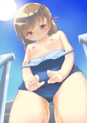 Rule 34 | 1girl, blush, breasts, brown hair, clothes pull, embarrassed, female focus, from below, hair ribbon, looking down, nipples, one-piece swimsuit, one-piece swimsuit pull, original, outdoors, peeing, peeing self, railing, ribbon, school swimsuit, shivu (mochi), short hair, sky, small breasts, solo, stairs, sun, swimsuit, tears