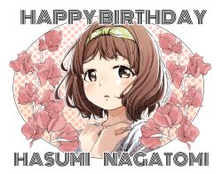 Rule 34 | 1girl, brown eyes, brown hair, character name, commentary request, floral print, flower, hands up, happy birthday, idolmaster, idolmaster cinderella girls, looking at viewer, nagatomi hasumi, parted lips, pink flower, polka dot, polka dot background, shirt, short hair, solo, upper body, white background, white shirt, yukie (kusaka shi)