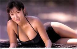 Rule 34 | 1girl, asian, black hair, breasts, brown eyes, cleavage, large breasts, lying, photo (medium), ponytail, reiko kato, solo, swimsuit