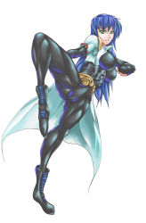 Rule 34 | 1girl, blue hair, breasts, female focus, full body, green eyes, maria traydor, muscular, simple background, smile, solo, square enix, star ocean, star ocean till the end of time, white background