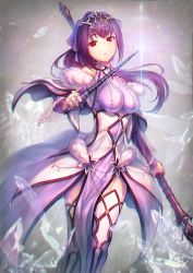 Rule 34 | 1girl, cropped legs, dress, dual wielding, fate/grand order, fate (series), gae bolg (fate), hangetsuban sonshou, holding, holding polearm, holding spear, holding wand, holding weapon, long hair, looking at viewer, polearm, ponytail, purple dress, purple hair, red eyes, scathach (fate), scathach skadi (fate), scathach skadi (third ascension) (fate), solo, spear, thighhighs, tiara, wand, weapon, white thighhighs