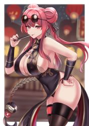 Rule 34 | 1girl, :p, absurdres, armpits, azur lane, bare shoulders, black dress, black nails, black panties, black thighhighs, blurry, blurry background, blush, bra, bra peek, braid, breasts, bremerton (azur lane), bremerton (kung fu cruiser) (azur lane), china dress, chinese clothes, cleavage, commentary, commission, covered navel, cowboy shot, double bun, dress, ear piercing, earrings, eyewear on head, folding fan, grey hair, hair between eyes, hair bun, hair intakes, hair ribbon, hand fan, hand on own hip, highres, holding, holding fan, jewelry, kanta (kanta 077), lantern, large breasts, long hair, looking at viewer, low-tied long hair, mole, mole on breast, mole under eye, multicolored hair, nail polish, night, official alternate costume, panties, paper lantern, pelvic curtain, piercing, pink eyes, pink hair, ribbon, round eyewear, side-tie panties, side slit, sidelocks, skindentation, sleeveless, sleeveless dress, smile, solo, standing, strapless, strapless bra, streaked hair, sunglasses, thighhighs, tongue, tongue out, underwear, vambraces