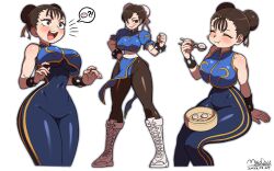 Rule 34 | !?, 1girl, :d, absurdres, arm support, bare shoulders, blush, bodysuit, boots, bracelet, breasts, brown eyes, brown hair, bun cover, capcom, china dress, chinese clothes, chun-li, clenched hand, closed eyes, closed mouth, covered navel, cowboy shot, cross-laced footwear, double bun, dress, drooling, eating, food, full body, hair bun, hair ribbon, heart, heart-shaped pupils, highres, jewelry, large breasts, maydaykiki, open mouth, pantyhose, puffy sleeves, ribbon, simple background, sitting, smile, speech bubble, spiked bracelet, spikes, standing, street fighter, symbol-shaped pupils, teeth, upper teeth only, white background, white footwear, wide hips