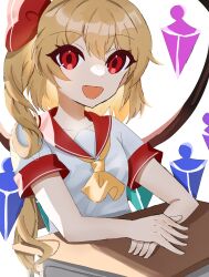 Rule 34 | 1girl, ascot, blonde hair, crystal wings, dress, flandre scarlet, hair ribbon, highres, long hair, medium hair, open mouth, red eyes, red ribbon, ribbon, short sleeves, side ponytail, simple background, sitting, solo, table, teruteru (pixiv 98065144), touhou, uniform, white background, yellow ascot