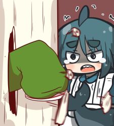 Rule 34 | 2girls, alternate costume, apron, bad id, bad twitter id, blue dress, blue hair, borrowed character, brown background, collared dress, commentary request, dress, enmaided, fins, fish tail, frilled apron, frills, fuka-chan, green shirt, here&#039;s johnny! (meme), kemomimi-chan (naga u), long hair, long sleeves, maid, maid apron, meme, multiple girls, open mouth, original, shaded face, shark tail, sharp teeth, shirt, short eyebrows, simple background, sleeves past fingers, sleeves past wrists, tail, tears, teeth, thick eyebrows, trembling, uni souchou, white apron