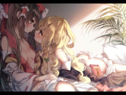 Rule 34 | 2girls, ass, bare shoulders, blonde hair, bloomers, blush, bow, breasts, brown eyes, brown hair, collarbone, commentary request, detached sleeves, eye contact, food, from side, green bow, hair bow, hair tubes, hakurei reimu, holding hands, indoors, kirisame marisa, letterboxed, long hair, long sleeves, looking at another, looking down, looking up, multiple girls, no headwear, open clothes, piyokichi, plant, pocky, profile, red bow, ribbon-trimmed sleeves, ribbon trim, sidelocks, small breasts, touhou, underwear, white bloomers, wide sleeves, yellow eyes, yuri