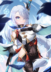 Rule 34 | 1girl, aqua eyes, black bodysuit, bodysuit, braid, commentary request, detached sleeves, fingerless gloves, genshin impact, gloves, grey hair, hair ornament, hair over one eye, highres, holding, holding paper, holding polearm, holding weapon, long bangs, long hair, long sleeves, looking at viewer, low-tied long hair, ofuda, paper, polearm, shenhe (genshin impact), sidelocks, single braid, solo, weapon, wide sleeves, yu e baba