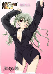 Rule 34 | 10s, 1girl, ;), absurdres, anchovy (girls und panzer), announcement celebration, blush, brown eyes, character name, copyright name, dress shirt, drill hair, english text, engrish text, girls und panzer, green hair, hair ribbon, highres, looking at viewer, naked shirt, nanmi (nicoseiga), no bra, no pants, one eye closed, open clothes, open shirt, ranguage, ribbon, shirt, smile, solo, standing, twin drills, twintails, wink