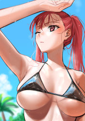 Rule 34 | 1girl, absurdres, arm up, armpits, bare shoulders, bikini, black bikini, blue sky, blurry, blurry background, blush, breasts, breasts apart, closed mouth, cloud, cloudy sky, collarbone, covered erect nipples, day, eyelashes, gou d, hair between eyes, highres, long hair, looking afar, medium breasts, micro bikini, one eye closed, original, outdoors, palm tree, red eyes, red hair, shading eyes, skindentation, sky, solo, strap gap, string bikini, summer, sunlight, swimsuit, tree, twintails, underboob, very long hair, wet, wet hair