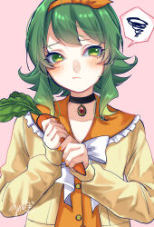 1girl absurdres blush carrot green_eyes green_hair gumi headband highres jewelry mai_mugi necklace orange_shirt shirt vocaloid