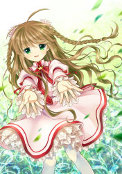Rule 34 | 10s, 1girl, absurdres, ahoge, bad id, braid, brown hair, dress, flower, green eyes, hair flower, hair ornament, highres, kanbe kotori, leaf, looking at viewer, mauve, open mouth, outstretched hand, rewrite, smile, solo, thighhighs, twin braids, wavy hair, white thighhighs, wind