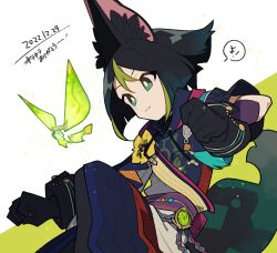 Rule 34 | 1boy, animal ear fluff, animal ears, black gloves, black hair, clenched hands, closed mouth, commentary request, crystalfly (genshin impact), dated, flower, fox boy, fox ears, fox tail, genshin impact, gloves, green eyes, green hair, highres, hood, hood down, male focus, medal, multicolored hair, shigetake (buroira), simple background, tail, tassel, tighnari (genshin impact), translation request, two-tone background, vision (genshin impact), yellow flower