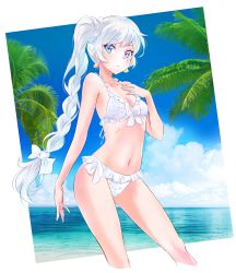 Rule 34 | 1girl, beach, bikini, blue eyes, braid, braided ponytail, breasts, cleavage, cloud, collarbone, day, earrings, feet out of frame, highres, iesupa, jewelry, long hair, looking at viewer, midriff, navel, ocean, outdoors, ponytail, rwby, scar, scar across eye, scar on face, side braid, side ponytail, sky, small breasts, snowflake print, solo, standing, stomach, swimsuit, water, weiss schnee, white bikini, white hair