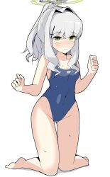 Rule 34 | 1girl, absurdres, alternate costume, bare legs, blue archive, blue one-piece swimsuit, blush, closed mouth, cross, cross hair ornament, full body, green eyes, hair ornament, halo, hare (blue archive), highres, inverted cross, looking at viewer, medium hair, mureniii, one-piece swimsuit, ponytail, school swimsuit, simple background, solo, sweat, swimsuit, white background, white hair