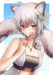 Rule 34 | 1girl, 3 (sanyako1), absurdres, ahoge, animal ears, arknights, bare shoulders, black shirt, blue background, border, breasts, cliffheart (arknights), crop top, crossed bangs, food, fork, fruit, grey eyes, grey hair, hair between eyes, highres, holding, holding fork, jewelry, leopard ears, leopard girl, leopard tail, looking at viewer, necklace, open clothes, open vest, outside border, shirt, short hair, simple background, small breasts, smile, solo, strawberry, tail, upper body, vest, white border, white vest