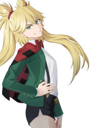 Rule 34 | 1girl, black shorts, blonde hair, burn the witch, capelet, cowboy shot, easy (aqk7bdqt), floating hair, from side, green eyes, green jacket, grin, hair between eyes, hand on own hip, jacket, long hair, long sleeves, looking at viewer, ninny spangcole, open clothes, open jacket, plaid capelet, red capelet, shirt, short shorts, shorts, simple background, smile, solo, standing, suspender shorts, suspenders, twintails, two side up, v-shaped eyebrows, very long hair, white background, white shirt