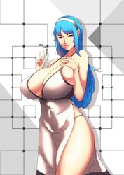 Rule 34 | 1girl, absurdres, babydoll, bare shoulders, blue hair, borrowed character, breasts, cleavage, covered navel, curvy, dress, hairband, halterneck, harstfazn, highres, huge breasts, long hair, original, panty straps, pink lips, red eyes, rina atherina, smile, solo, standing, thighs, w, white babydoll, white dress, white hairband
