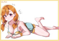 Rule 34 | 1girl, :t, barefoot, bikini, blue shorts, blush, border, breasts, closed mouth, collarbone, feet, full body, hair ornament, highres, large breasts, legs, love live!, love live! superstar!!, lying, on stomach, orange bikini, orange border, orange hair, purple eyes, shibuya kanon, shiny skin, shorts, sidelocks, simple background, soles, solo, striped bikini, striped clothes, sweatdrop, swept bangs, swimsuit, thighs, toes, twintails, white background, yzlkun