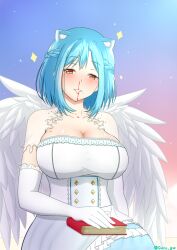 Rule 34 | 1girl, animal ear fluff, animal ears, blood, blue hair, book, book on lap, braid, breasts, cleavage, collarbone, dress, elbow gloves, feathered wings, gero gw, gloves, grin, large breasts, moira (nijisanji), mole, mole on breast, mole under mouth, nijisanji, nosebleed, short hair, smile, solo, sparkle, twitter username, virtual youtuber, white dress, white gloves, white wings, wings