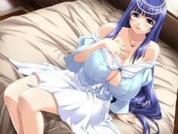 Rule 34 | 1girl, bare shoulders, bed, blue eyes, blue hair, breasts, cleavage, cleavage cutout, clothing cutout, fuutou shizune, game cg, huge breasts, ino (magloid), jewelry, lingerie, long hair, matching hair/eyes, necklace, nightgown, off shoulder, oshioki sweetie, sitting, skirt, solo, underwear