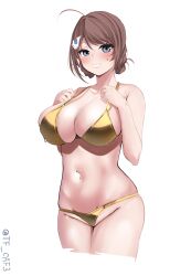 Rule 34 | 1girl, absurdres, alternate costume, bikini, blush, braided hair rings, breasts, brown hair, chougei (kancolle), cleavage, collarbone, cowboy shot, gold bikini, grey eyes, hair flaps, hair ornament, hair rings, highres, kantai collection, large breasts, long hair, looking at viewer, navel, one-hour drawing challenge, shiny swimsuit, simple background, smile, solo, swimsuit, tf cafe, twitter username, whale hair ornament, white background