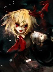 Rule 34 | 1girl, ascot, blonde hair, darkness, fangs, hair ornament, hair ribbon, long sleeves, looking at viewer, no-kan, open mouth, outstretched arms, red eyes, ribbon, rumia, shirt, short hair, skirt, skirt set, smile, solo, touhou, vest