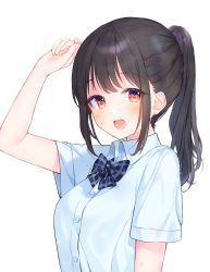 Rule 34 | 1girl, arm up, blush, bow, bowtie, eyebrows, highres, looking at viewer, open mouth, original, ponytail, red eyes, school uniform, short sleeves, solo, sweat, tented shirt, tototete, uniform, white background