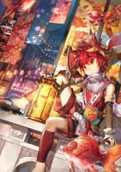 Rule 34 | 1boy, architecture, barefoot, detached sleeves, door, east asian architecture, elsword, elsword (character), feet, fish, goldfish, hair ornament, headband, highres, lantern, red eyes, red hair, sandals, scarf, scorpion5050, sitting, sword hilt