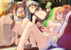Rule 34 | 10s, 4girls, aquila (kancolle), armadillo-tokage, bare legs, bare shoulders, barefoot, black panties, blush, book, bra, breasts, brown eyes, brown hair, casual, cleavage, cushion, eating, food, fork, glasses, gloves, hat, indoors, italian flag, kantai collection, large breasts, libeccio (kancolle), littorio (kancolle), long hair, multiple girls, navel, no bra, noodles, open book, open clothes, open mouth, open shirt, oven mitts, panties, pasta, ponytail, reading, red bra, red hair, roma (kancolle), shiny skin, shirt, short hair, smile, spaghetti, tank top, thighs, twintails, underwear, watch, wristwatch