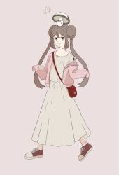 Rule 34 | 1girl, alternate costume, bag, brown hair, closed mouth, commentary request, creatures (company), double bun, dress, foongus, full body, game freak, gen 5 pokemon, hair bun, highres, jacket, long hair, nintendo, off shoulder, on head, open clothes, open jacket, pink jacket, pokemon, pokemon (creature), pokemon bw2, pokemon on head, red bag, red footwear, rosa (pokemon), sakko, shoes, shoulder bag, sleeves past fingers, sleeves past wrists, smile, sneakers, standing, twintails
