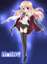 Rule 34 | 00s, 1girl, black dress, black thighhighs, blue background, cape, crossed legs, dress, long hair, louise francoise le blanc de la valliere, nbg777, outstretched hand, pentacle, pink hair, red eyes, shoes, skirt, solo, standing, thighhighs, wand, zero no tsukaima