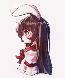 Rule 34 | 1girl, animal ears, bad id, bad twitter id, brown hair, rabbit ears, commentary request, from side, highres, kosobin, long hair, original, pink shirt, red eyes, school uniform, serafuku, shirt, simple background, solo, upper body, very long hair, white background