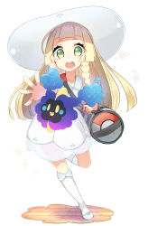 Rule 34 | 1girl, :d, :o, absurdres, bag, bare shoulders, blonde hair, blue footwear, blunt bangs, braid, breasts, brick floor, collarbone, collared dress, commentary request, cosmog, creatures (company), dress, duffel bag, full body, game freak, gen 7 pokemon, green eyes, hat, highres, kneehighs, legendary pokemon, lillie (pokemon), long hair, looking at viewer, nintendo, open mouth, poke ball theme, pokemon, pokemon (creature), pokemon sm, reirou (chokoonnpu), see-through, shoes, sleeveless, sleeveless dress, small breasts, smile, socks, standing, standing on one leg, sun hat, sundress, twin braids, white background, white dress, white hat, white socks