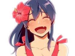 Rule 34 | 1girl, :d, ^ ^, bad id, bad pixiv id, black hair, blush, closed eyes, collarbone, closed eyes, fang, flower, ganaha hibiki, hair flower, hair ornament, hibiscus, idolmaster, idolmaster (classic), laughing, long hair, maguro (ma-glo), open mouth, ponytail, portrait, smile, solo, tan, white background
