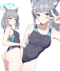 Rule 34 | 1girl, 7neet, absurdres, animal ear fluff, animal ears, ass, black one-piece swimsuit, blue archive, blue eyes, breasts, competition swimsuit, covered navel, cowboy shot, cross hair ornament, extra ears, grey hair, hair ornament, halo, highres, looking at viewer, low ponytail, medium breasts, medium hair, mismatched pupils, multicolored clothes, multicolored swimsuit, multiple views, official alternate costume, one-piece swimsuit, one-piece thong, shiroko (blue archive), shiroko (swimsuit) (blue archive), simple background, swimsuit, v over eye, white background, wolf ears