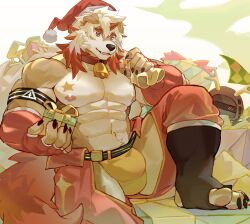 Rule 34 | 1boy, abs, absurdres, arknights, bara, bell, blush, claws, collar, colored tips, commentary, doctor (arknights), fake antlers, fang, furry, furry male, gift, hat, highres, holding, holding gift, horns, hung (arknights), kitai su, komainu boy, komainu ears, komainu tail, looking at viewer, male focus, multicolored hair, neck bell, orange eyes, pectorals, santa hat, single horn, sitting, smile, star (symbol), symbol-only commentary, toeless legwear