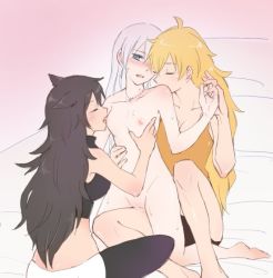 Rule 34 | 3girls, animal ears, artist request, bed, black hair, blake belladonna, blonde hair, blue eyes, blush, breasts, cat ears, closed eyes, clothed female nude female, female focus, fff threesome, frottage, group sex, hair down, jewelry, kiss, kissing shoulder, licking, licking nipple, long hair, medium breasts, midriff, moaning, multiple girls, necklace, nipple stimulation, nude, on bed, rwby, silver hair, small breasts, sweat, threesome, weiss schnee, yang xiao long, yuri