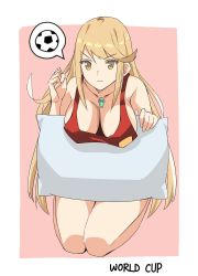 Rule 34 | 1girl, 2018 fifa world cup, ball, bare shoulders, blonde hair, breasts, cleavage, collarbone, commentary, half-closed eyes, highres, j@ck, kneeling, large breasts, long hair, mythra (xenoblade), nintendo, pillow, soccer, soccer ball, swept bangs, tank top, thought bubble, very long hair, world cup, xenoblade chronicles (series), xenoblade chronicles 2