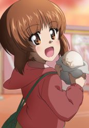 Rule 34 | 1girl, :d, bag, baozi, blurry, blurry background, boko (girls und panzer), brown eyes, brown hair, carrying, commentary, depth of field, food, girls und panzer, handbag, holding, holding food, hood, hood down, hoodie, kanau, long sleeves, looking at viewer, looking back, nishizumi miho, open mouth, red hoodie, short hair, smile, solo
