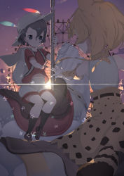 Rule 34 | 2girls, absurdres, animal ears, carousel, commentary request, evening, ferris wheel, hat, highres, kaban (kemono friends), kemono friends, lens flare, mochorinpun, multiple girls, outstretched hand, sandstar, serval (kemono friends), smile, tail