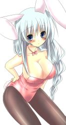Rule 34 | 1girl, absurdres, amane ruri, animal ears, black pantyhose, blue eyes, blush, breasts, cleavage, female focus, highres, kemonomimi mode, large breasts, leotard, long hair, md5 mismatch, pantyhose, playboy bunny, rabbit ears, resolution mismatch, silver hair, simple background, solo, source smaller, touhou, type (artist), yagokoro eirin