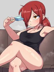 Rule 34 | 1girl, absurdres, blush, breasts, couch, crossed legs, food, hair over one eye, highres, large breasts, painting fish, parasoul (skullgirls), ponytail, popsicle, red hair, shorts, sitting, skullgirls, solo, steam, tank top, thick thighs, thighs, yellow eyes