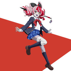 Rule 34 | 1girl, absurdres, alternate costume, bandaged leg, bandages, black bow, black nails, blazer, blue jacket, bow, collared shirt, double bun, felutiahime, hair bow, hair bun, highres, hololive, hololive indonesia, jacket, kureiji ollie, multicolored hair, nail polish, pink hair, red hair, school uniform, shirt, silver hair, solo, stitched face, stitched leg, stitches, sword, virtual youtuber, weapon, x x