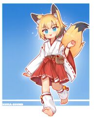 Rule 34 | animal ears, barefoot, blonde hair, blue eyes, detached sleeves, feet, fox ears, fox girl, fox tail, highres, japanese clothes, kuma-bound, miko, multicolored ears, multicolored hair, multicolored tail, original, simple background, soles, tail, toes, tongue, tongue out, wristband