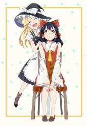 Rule 34 | 2girls, :d, :o, absurdres, ahoge, ankle boots, apron, ascot, bare shoulders, black dress, black hair, blonde hair, boots, bow, brown footwear, chair, closed eyes, collared shirt, detached sleeves, dress, dress shirt, eyebrows, frilled bow, frills, full body, hair bow, hair ornament, hair ribbon, hair tubes, hakurei reimu, hand on another&#039;s shoulder, hat, hat bow, highres, kirisame marisa, liangsos, long hair, multiple girls, open mouth, puffy short sleeves, puffy sleeves, red bow, red ribbon, red shirt, red skirt, ribbon, ribbon-trimmed sleeves, ribbon trim, shirt, shoes, short sleeves, sidelocks, sitting, skirt, skirt set, sleeveless, sleeveless shirt, smile, socks, standing, standing on one leg, star (symbol), starry background, teeth, touhou, vest, waist apron, white bow, white shirt, wide sleeves, witch, witch hat, yellow eyes