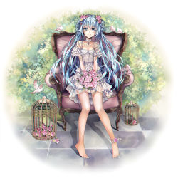 Rule 34 | 1girl, :d, animal, anklet, armchair, bare legs, bare shoulders, barefoot, bird, birdcage, blue eyes, blue hair, blush, bouquet, breasts, bush, cage, chair, checkered floor, choker, cleavage, collarbone, dress, eyebrows, flower, flying, frilled dress, frilled sleeves, frills, full body, hair between eyes, hair flower, hair ornament, hatsune miku, highres, holding, holding flower, jewelry, layered dress, long hair, looking at viewer, matching hair/eyes, necklace, off-shoulder dress, off shoulder, open mouth, pendant, plant, see-through, shade, sitting, small breasts, smile, solo, teeth, teka, tile floor, tiles, twintails, very long hair, vocaloid, white dress