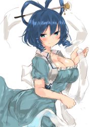 Rule 34 | 1girl, blue dress, blue eyes, blue hair, blush, breasts, cleavage, closed mouth, cowboy shot, dress, drill hair, from side, golgi hon, hair ornament, hair rings, hairpin, highres, kaku seiga, large breasts, looking at viewer, shawl, short sleeves, side drill, simple background, smile, solo, touhou, twin drills, white background